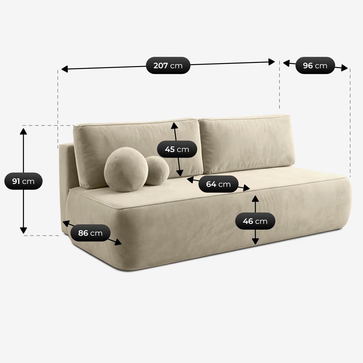 Kremowa sofa z funkcją spania, z dwoma poduszkami, przedstawiona z wymiarami: 207 cm szerokości, 96 cm głębokości, 91 cm wysokości, siedzisko na wysokości 46 cm, głębokość siedziska 64 cm, wysokość oparcia 45 cm, głębokość całkowita 86 cm.