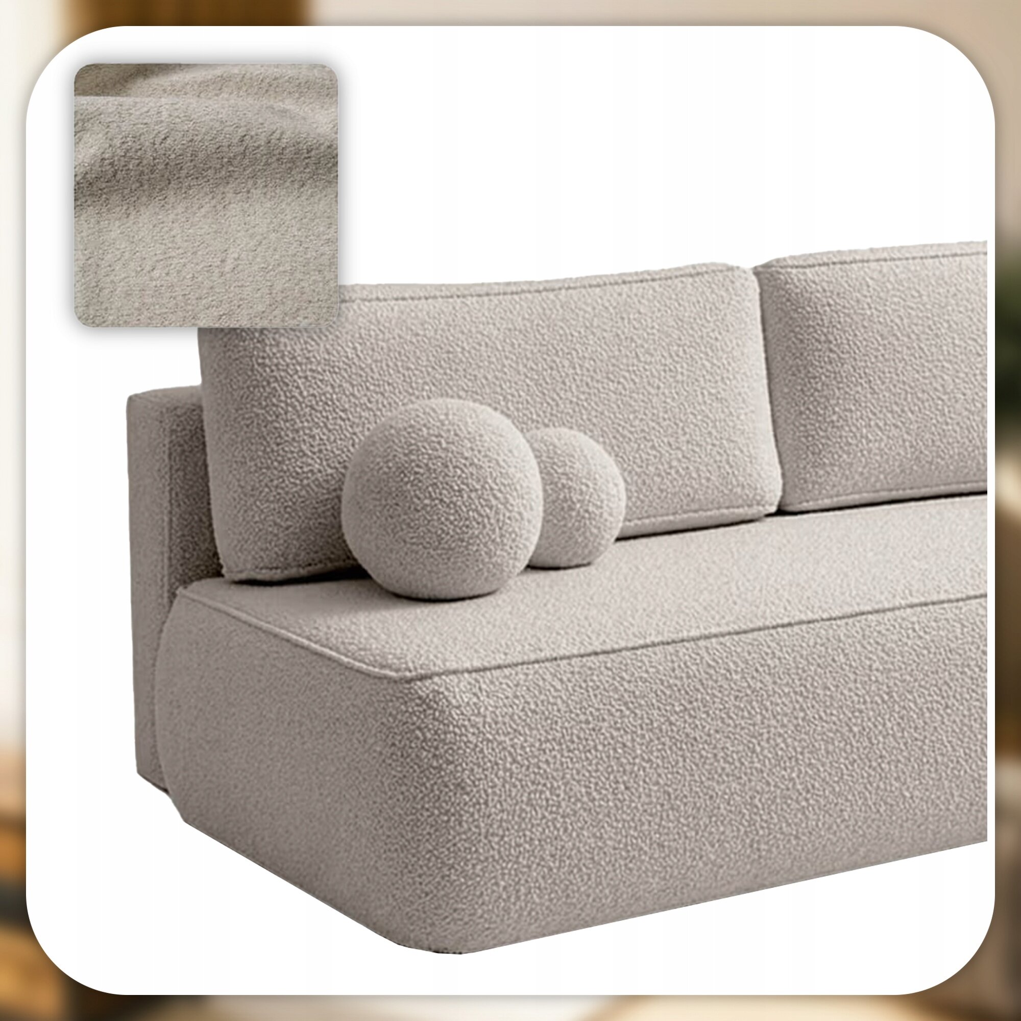 Kremowa sofa z funkcją spania, o teksturze przypominającej tkaninę boucle, z dwoma okrągłymi poduszkami. W lewym górnym rogu znajduje się zbliżenie na materiał sofy.