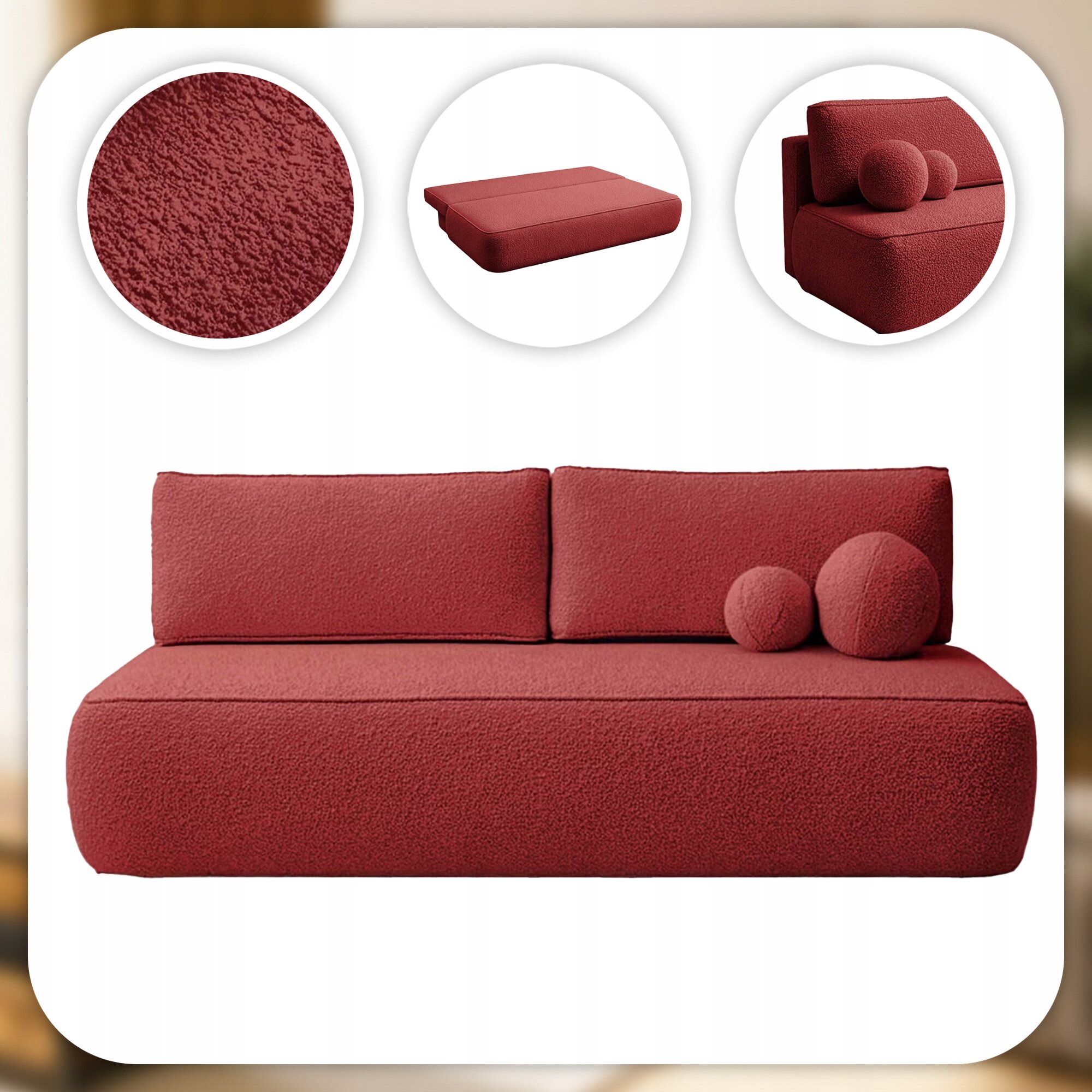 Czerwona sofa z funkcją spania, wykonana z materiału boucle, z dwoma poduszkami w kształcie kul. Obok widoczne są zbliżenia na teksturę materiału oraz sofa w formie rozłożonej do spania.