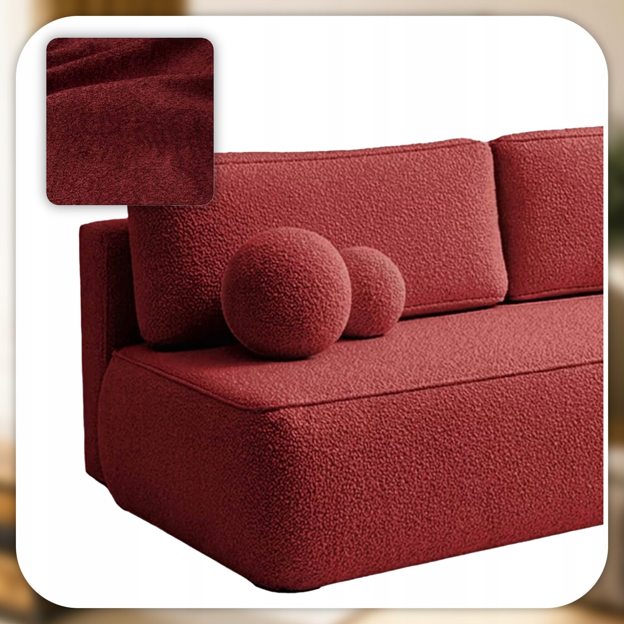 Czerwona sofa z funkcją spania, pokryta materiałem typu boucle, z dwoma okrągłymi poduszkami. W lewym górnym rogu znajduje się zbliżenie na teksturę materiału.