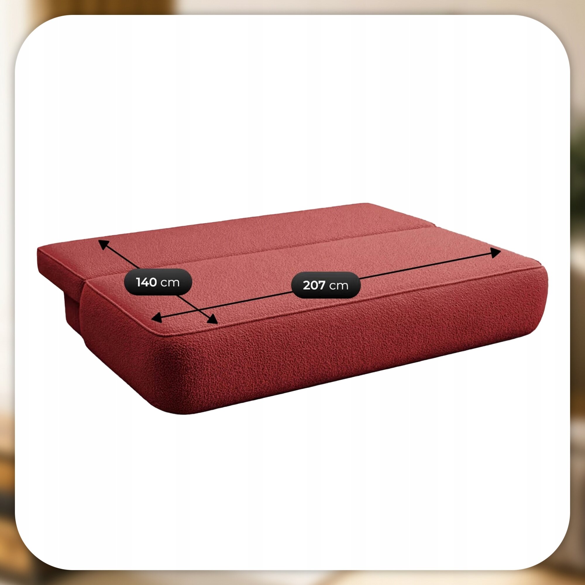 Czerwona sofa rozkładana z funkcją spania, przedstawiona w pozycji rozłożonej. Na powierzchni widoczne są wymiary: 140 cm i 207 cm.