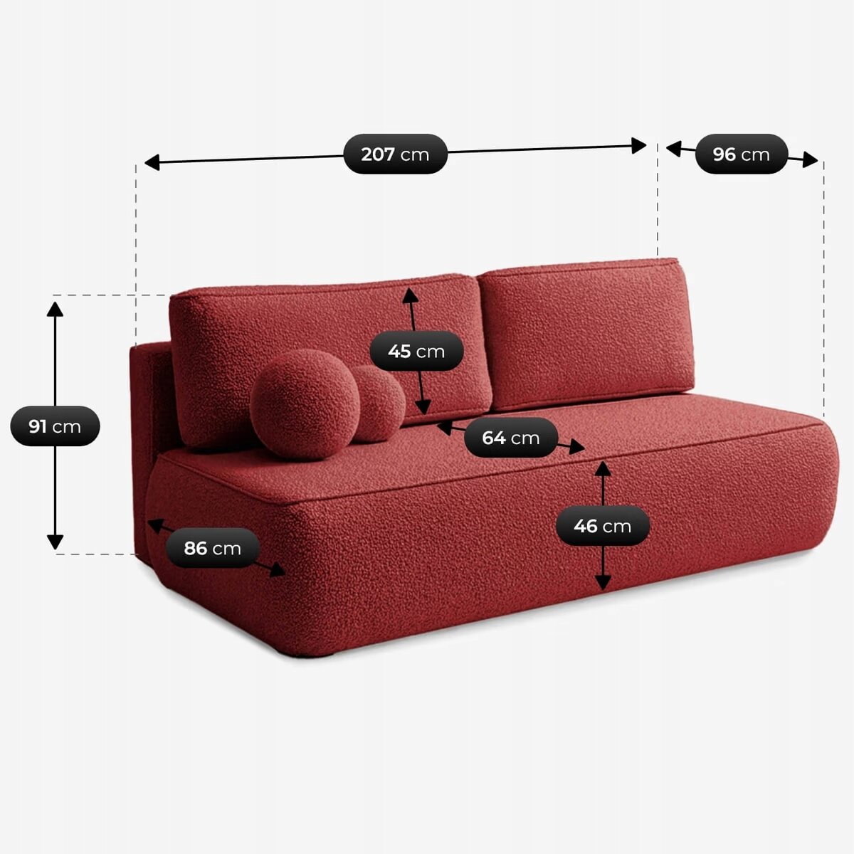 Czerwona sofa z funkcją spania, pokryta materiałem boucle, z poduszkami i okrągłym elementem dekoracyjnym. Na obrazie widoczne są wymiary: 207 cm, 96 cm, 91 cm, 86 cm, 45 cm, 64 cm, 46 cm.