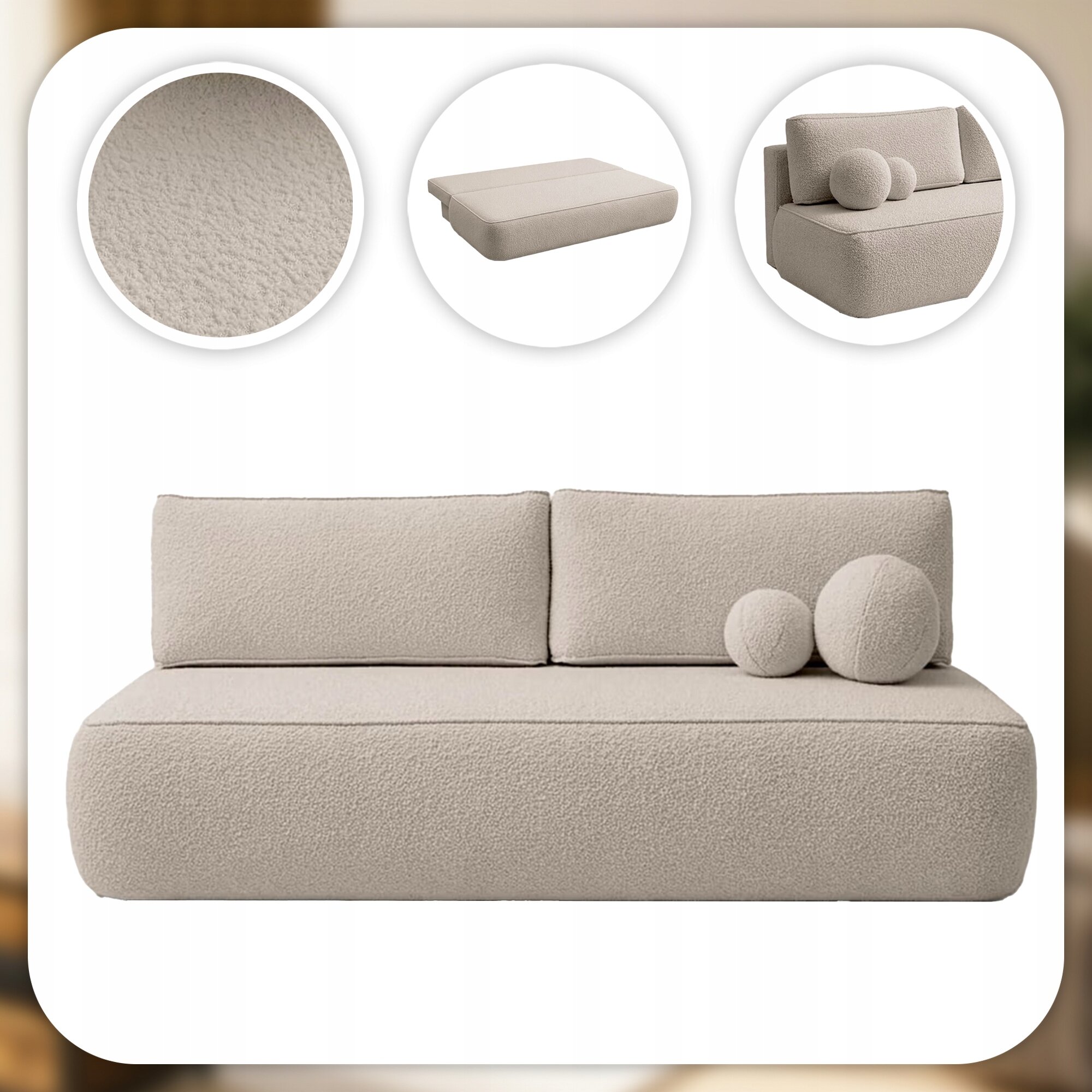 Beżowa sofa rozkładana z funkcją spania, z dwoma poduszkami o okrągłym kształcie. Widoczne są zbliżenia na teksturę materiału oraz sofa w formie rozłożonej.