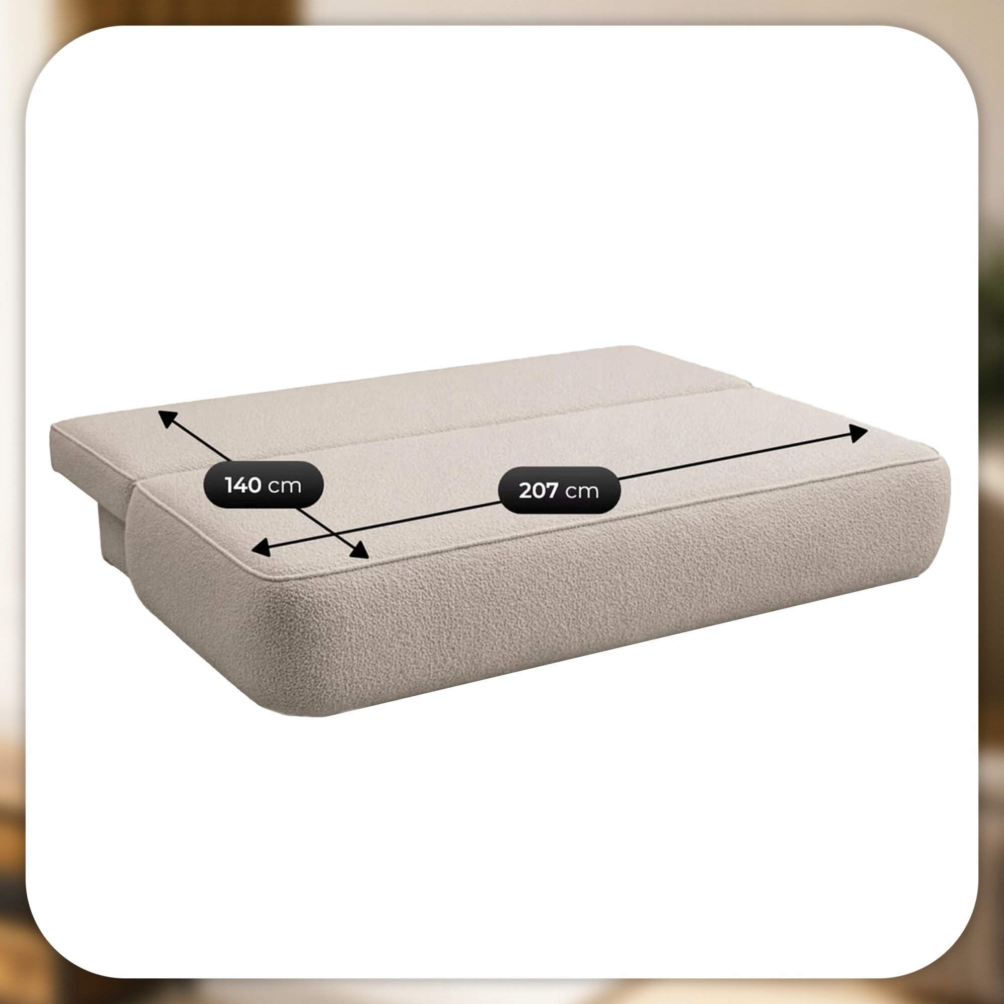 Beżowa sofa rozkładana z funkcją spania, przedstawiona w pozycji rozłożonej. Na powierzchni sofy widoczne są wymiary: 140 cm i 207 cm.