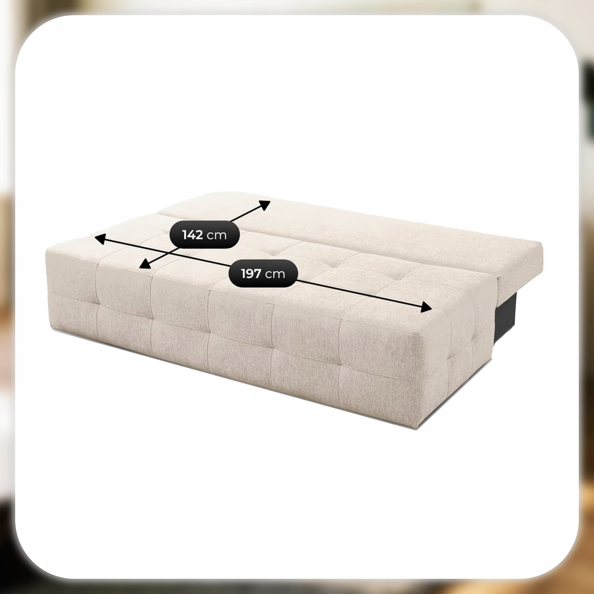 Kremowa sofa rozkładana z funkcją spania, przedstawiona w pozycji rozłożonej. Na powierzchni sofy widoczne są wymiary: 142 cm i 197 cm.