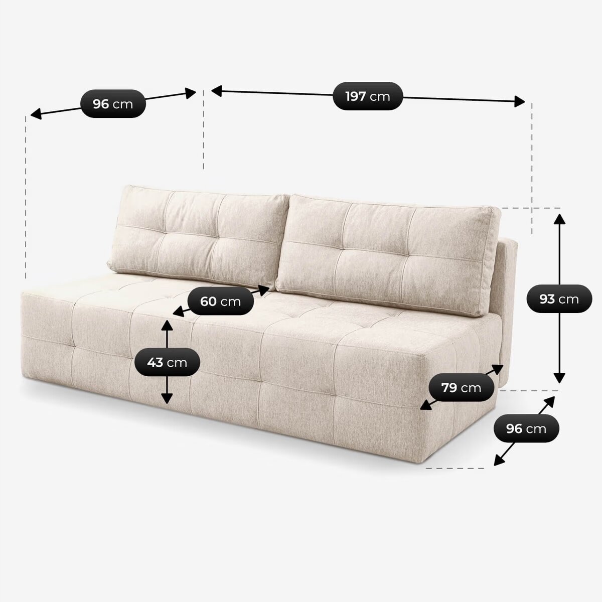 Kremowa sofa rozkładana z funkcją spania, z podanymi wymiarami: szerokość 197 cm, głębokość 96 cm, wysokość 93 cm, głębokość siedziska 79 cm, wysokość siedziska 43 cm, głębokość oparcia 60 cm.