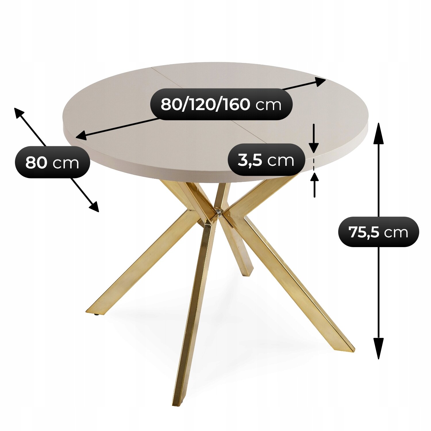 Okrągły stół z rozkładanym blatem o średnicy 80/120/160 cm, wysokości 75,5 cm i grubości blatu 3,5 cm, z metalowymi, złotymi nogami. Widoczne są wymiary: 80 cm, 80/120/160 cm, 3,5 cm, 75,5 cm.