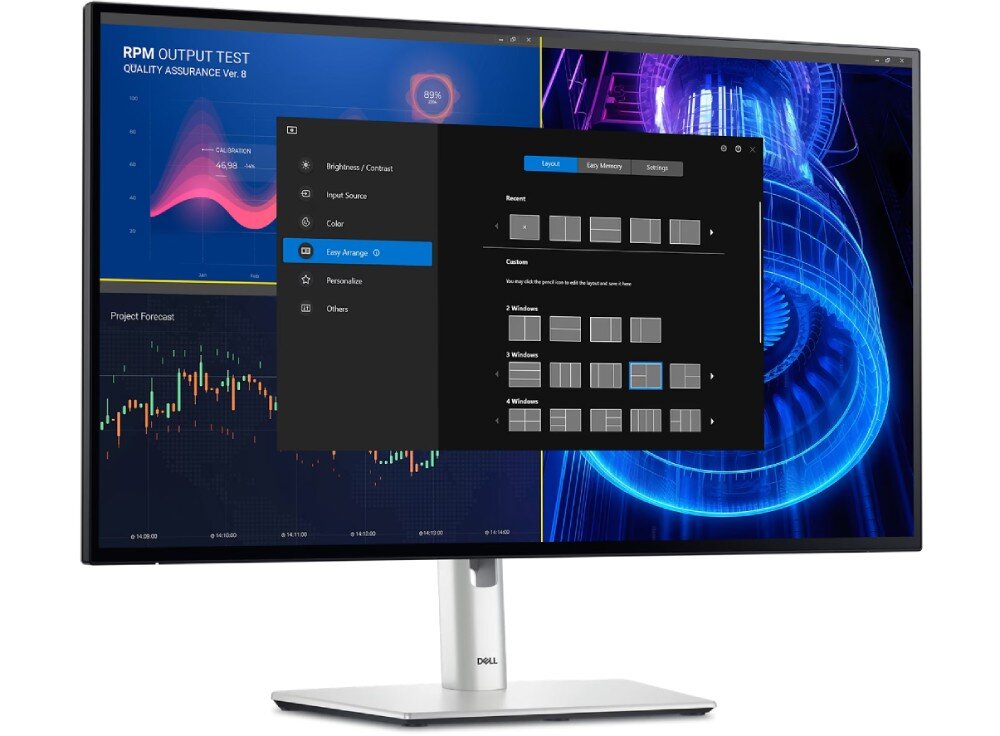 Monitor wyświetla różne wykresy i diagramy, a na ekranie widoczny jest panel ustawień z opcjami układu okien. Logo DELL znajduje się na podstawie monitora.