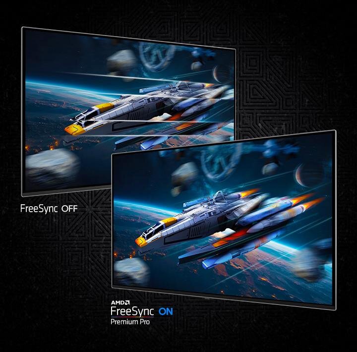 Obraz przedstawia dwa ekrany z grafiką kosmiczną, na których widoczny jest statek kosmiczny i asteroidy. Na jednym ekranie widnieje napis \'FreeSync OFF\', a na drugim \'AMD FreeSync ON Premium Pro\'.