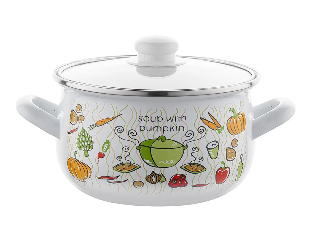 Garnek emaliowany z pokrywką, ozdobiony kolorowymi grafikami warzyw i napisem \'soup with pumpkin\'.
