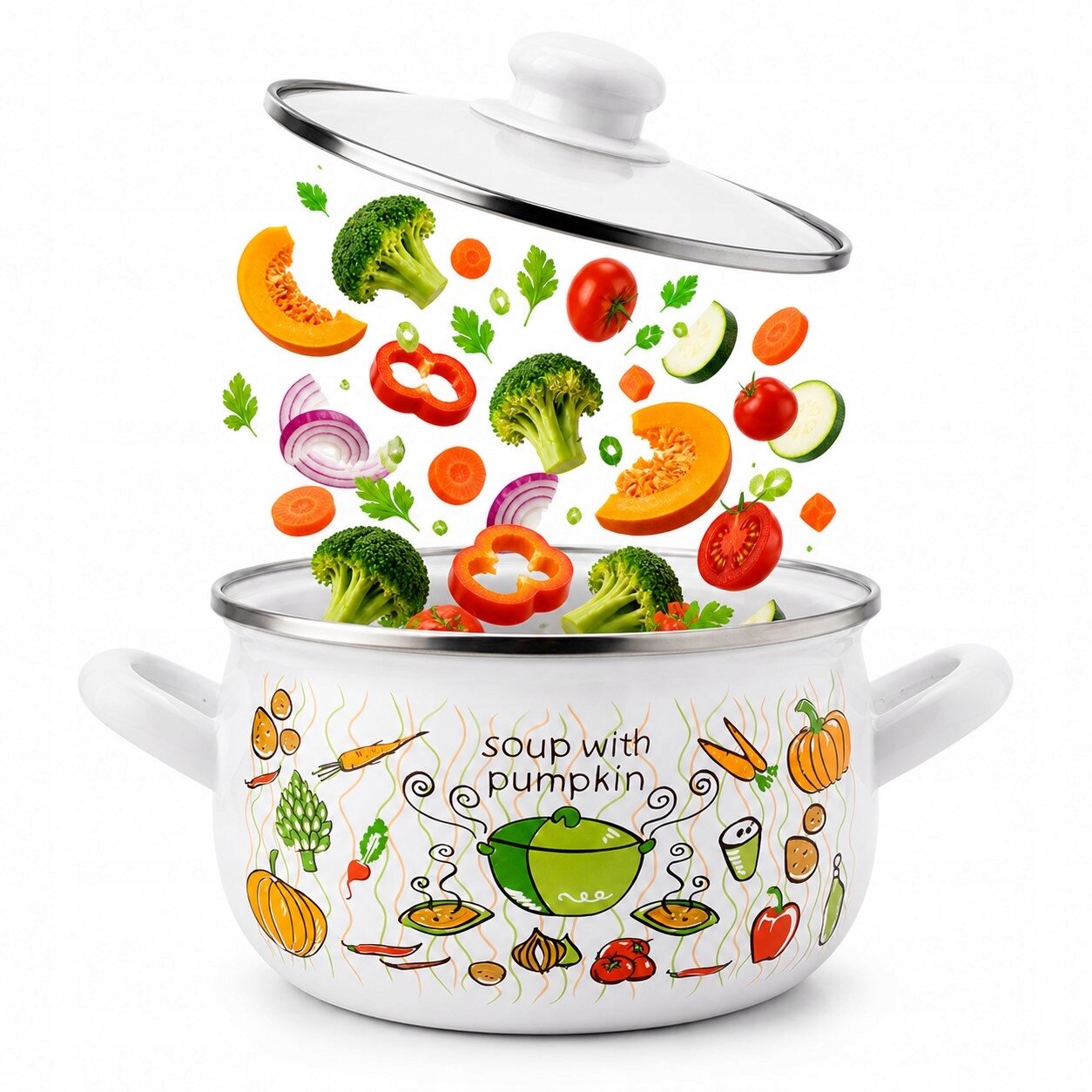 Biały emaliowany garnek z pokrywką, ozdobiony kolorowymi ilustracjami warzyw i napisem \'soup with pumpkin\'. Nad garnkiem unoszą się kawałki różnych warzyw, takich jak brokuły, papryka, pomidory i marchewki.