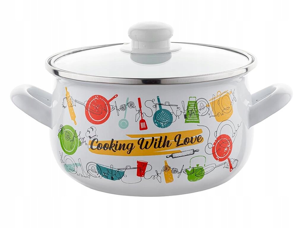 Garnek emaliowany z pokrywką, ozdobiony kolorowymi grafikami kuchennymi i napisem \'Cooking With Love\'.