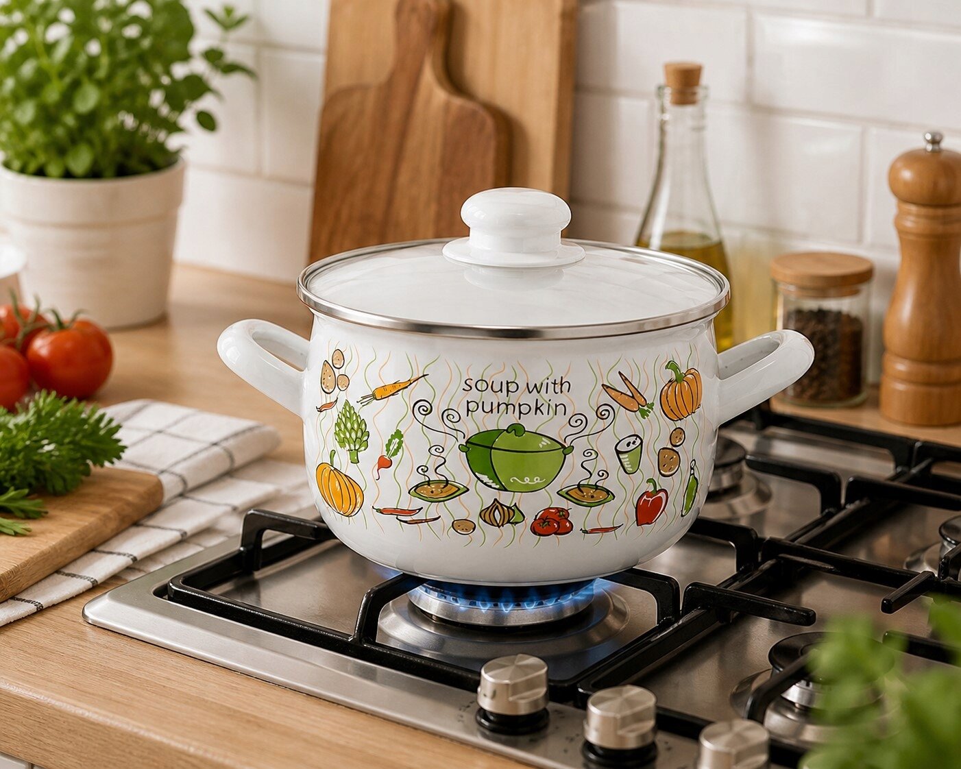 Na kuchence gazowej stoi biały garnek emaliowany z pokrywką, ozdobiony kolorowymi ilustracjami warzyw i napisem \'soup with pumpkin\'. W tle widoczne są akcesoria kuchenne, takie jak deska do krojenia, butelka z oliwą i przyprawy.