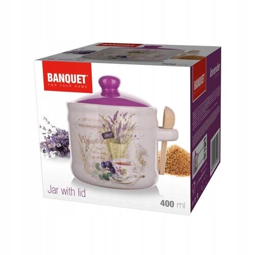 Opakowanie produktu z napisem \'BANQUET FOR YOUR HOME\' i zdjęciem ceramicznego pojemnika z fioletową pokrywką oraz dekoracją lawendy. Widoczny tekst: \'Jar with lid\' i \'400 ml\'.