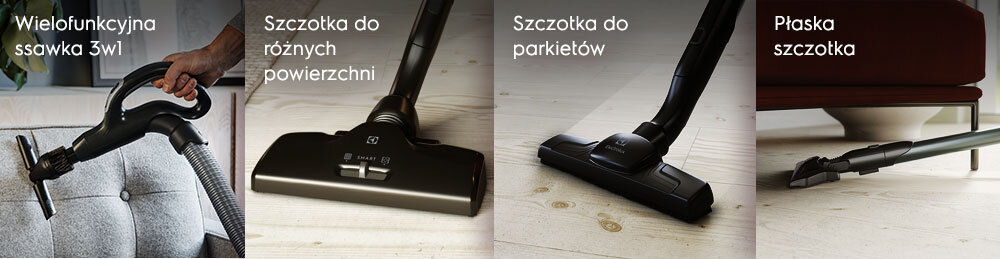 Obraz przedstawia cztery różne końcówki odkurzacza. Widoczne napisy to: \'Wielofunkcyjna ssawka 3w1\', \'Szczotka do różnych powierzchni\', \'Szczotka do parkietów\', \'Płaska szczotka\'.