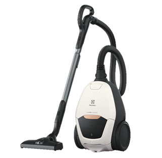 Odkurzacz w kolorze białym z czarnymi elementami, z widocznym logo Electrolux na obudowie. Posiada rurę teleskopową i duże koła.