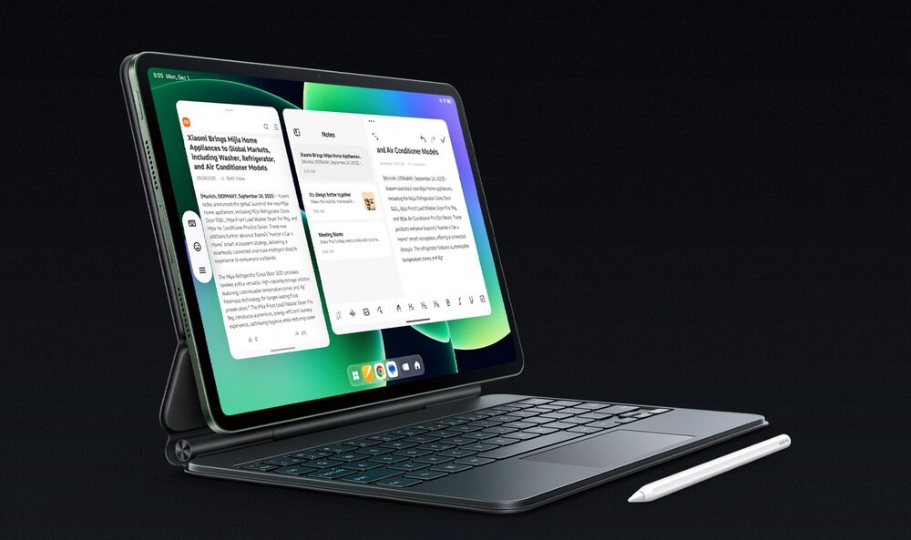 Tablet z klawiaturą i rysikiem na ciemnym tle, wyświetlający aplikacje z tekstem na ekranie.