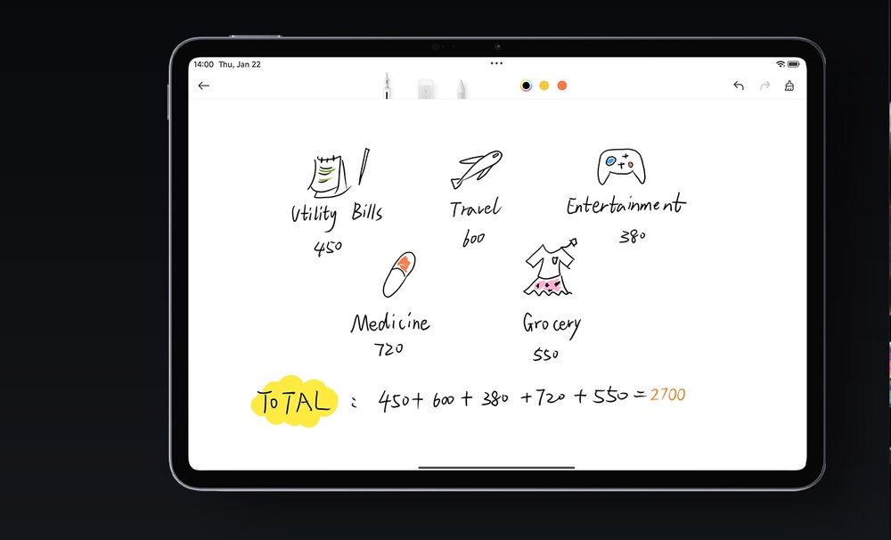 Tablet wyświetla notatkę z rysunkami i tekstem dotyczącym wydatków: \'Utility Bills 450\', \'Travel 600\', \'Entertainment 380\', \'Medicine 720\', \'Grocery 550\'. Na dole widnieje podsumowanie: \'TOTAL: 450 + 600 + 380 + 720 + 550 = 2700\'.