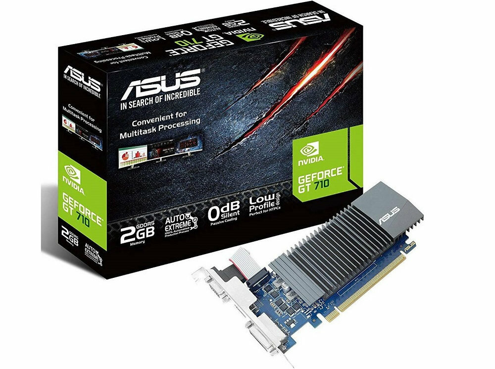 Karta graficzna ASUS GeForce GT 710 2GB - wygląd ogólny opakowanie 2Gb pamięci operacyjnej rozbudowany interfejs użytkowanika pasywny uklad chlodzenia