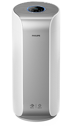 Oczyszczacz powietrza w kolorze białym z szarym panelem przednim, na którym widnieje logo PHILIPS. Na górze urządzenia znajduje się okrągły panel sterowania z niebieskim podświetleniem.