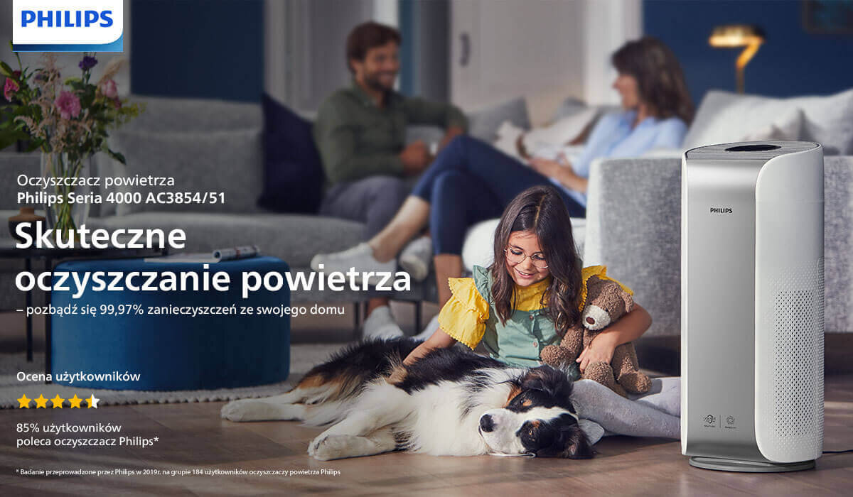Na obrazie znajduje się oczyszczacz powietrza marki Philips oraz dziewczynka bawiąca się z psem w salonie. Widoczny tekst: \'Oczyszczacz powietrza Philips Seria 4000 AC3854/51 Skuteczne oczyszczanie powietrza – pozbądź się 99,97% zanieczyszczeń ze swojego domu Ocena użytkowników 85% użytkowników poleca oczyszczacz Philips*\'.
