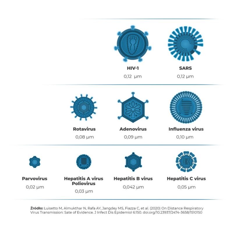 Obraz przedstawia ilustracje różnych wirusów z ich nazwami i rozmiarami w mikrometrach: HIV-1 (0,12 µm), SARS (0,12 µm), Rotavirus (0,08 µm), Adenovirus (0,09 µm), Influenza virus (0,10 µm), Parvovirus (0,02 µm), Hepatitis A virus Poliovirus (0,03 µm), Hepatitis B virus (0,042 µm), Hepatitis C virus (0,05 µm). Na dole znajduje się źródło: Luisetto M, Almukhtar N, Rafa AY, Jangdey MS, Fiazza C, et al. (2020).