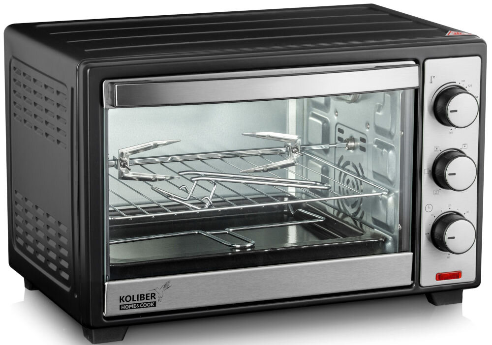 Na obrazie widoczny jest czarny mini piekarnik z trzema pokrętłami po prawej stronie. Na przedniej części piekarnika znajduje się logo \'KOLIBER HOME & COOK\'.