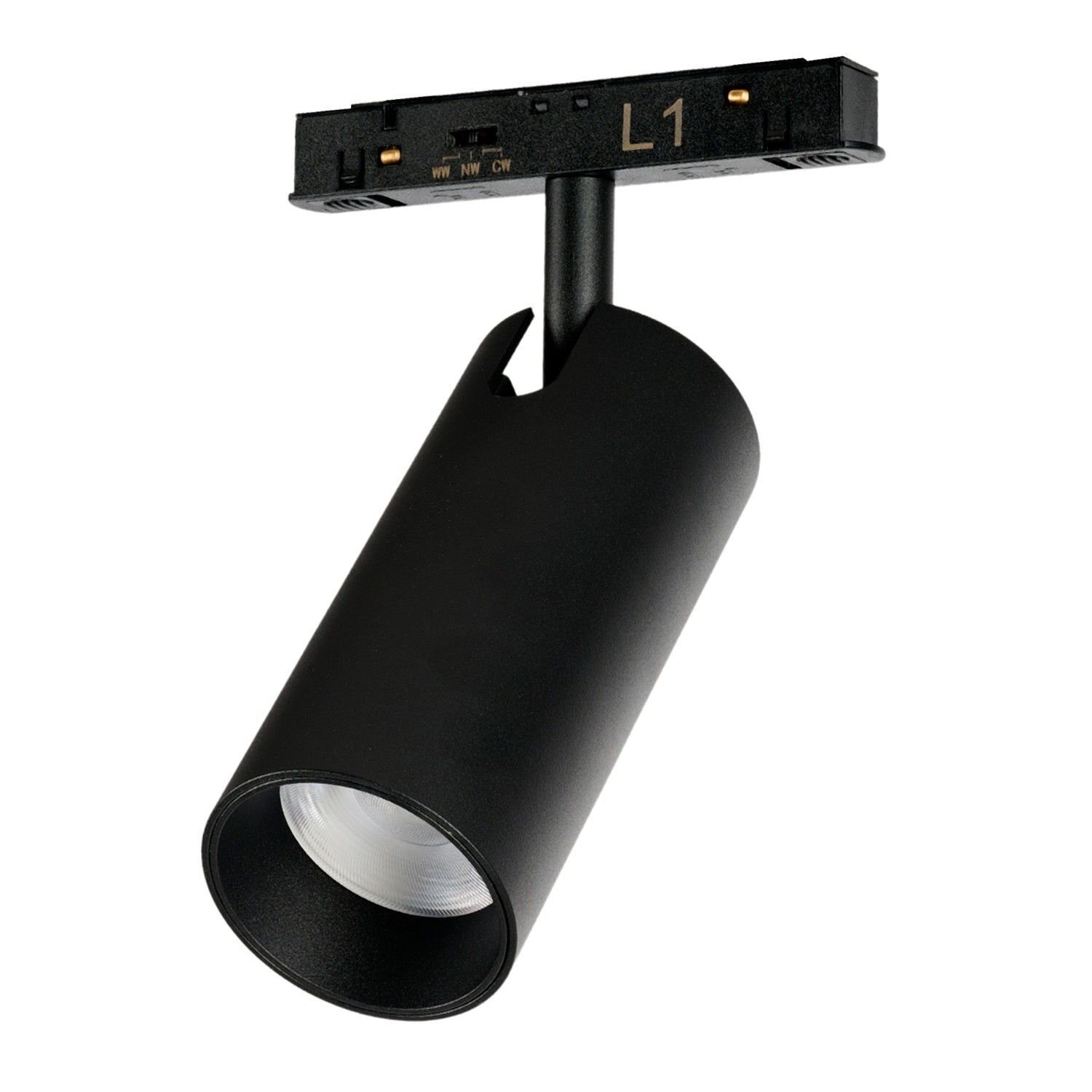 Czarna lampa reflektor LED o cylindrycznym kształcie, zamontowana na szynoprzewodzie z oznaczeniem \'L1\'.