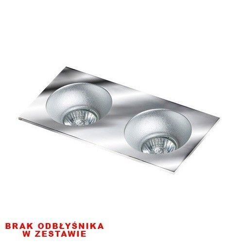 Obraz przedstawia oprawę wpuszczaną z dwoma okrągłymi reflektorami na prostokątnej, metalicznej podstawie. Na dole widoczny jest tekst: \'BRAK ODBŁYŚNIKA W ZESTAWIE\'.