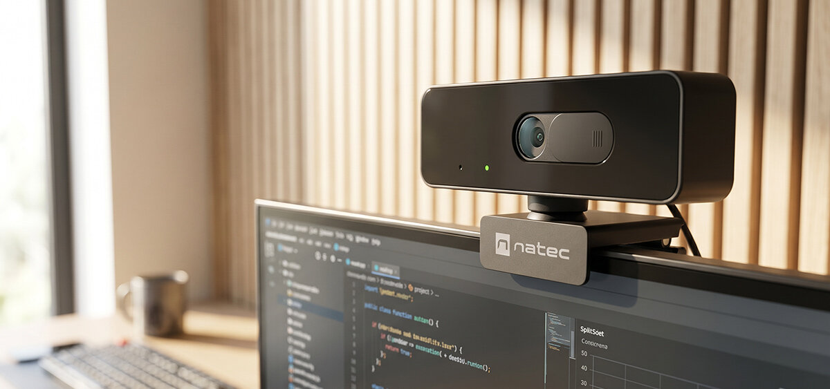 Kamera internetowa zamontowana na monitorze z widocznym logo \'natec\'. W tle znajduje się rozmyty widok biurka z kubkiem i klawiaturą.