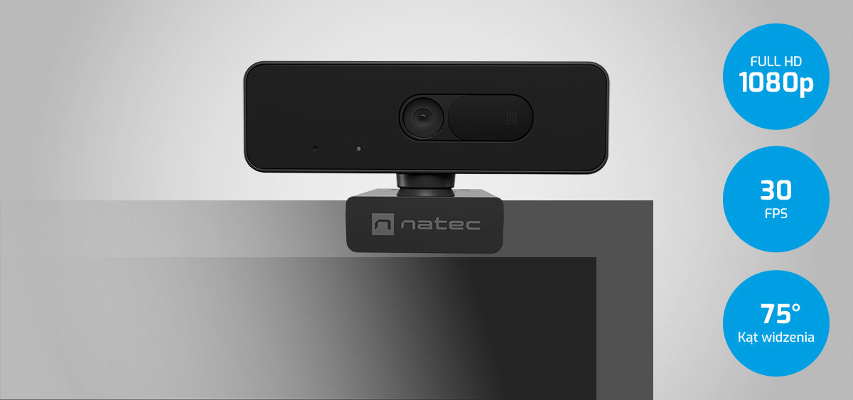 Czarna kamera internetowa zamontowana na monitorze z logo \'natec\'. Obok znajdują się trzy niebieskie okręgi z napisami: \'FULL HD 1080p\', \'30 FPS\', \'75° Kąt widzenia\'.