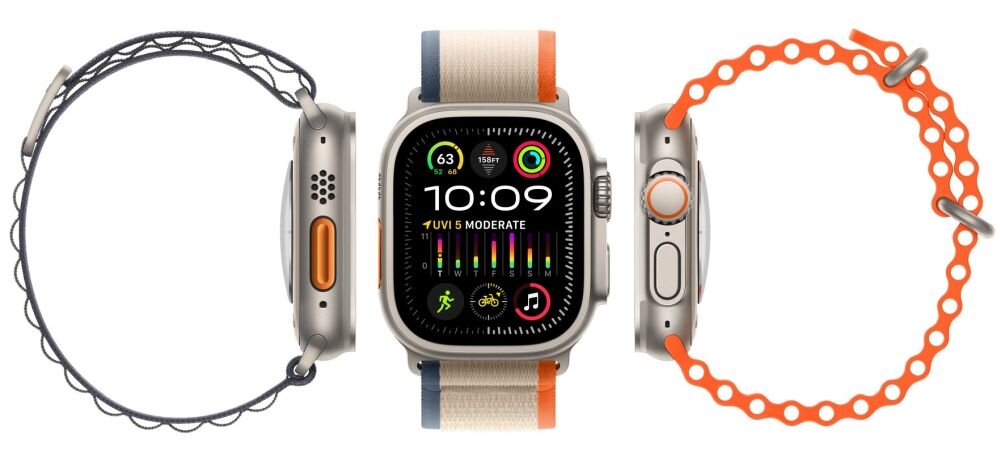 Na obrazie widoczny jest smartwatch z kolorowym wyświetlaczem, na którym pokazana jest godzina 10:09 oraz wskaźnik UV 5 MODERATE. Obok zegarka znajdują się dwie różne opaski, jedna z plecionym wzorem, druga z okrągłymi otworami.