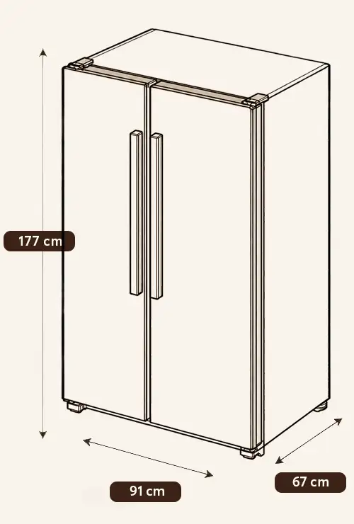 Schemat lodówki z dwoma drzwiami, z wymiarami: wysokość 177 cm, szerokość 91 cm, głębokość 67 cm.