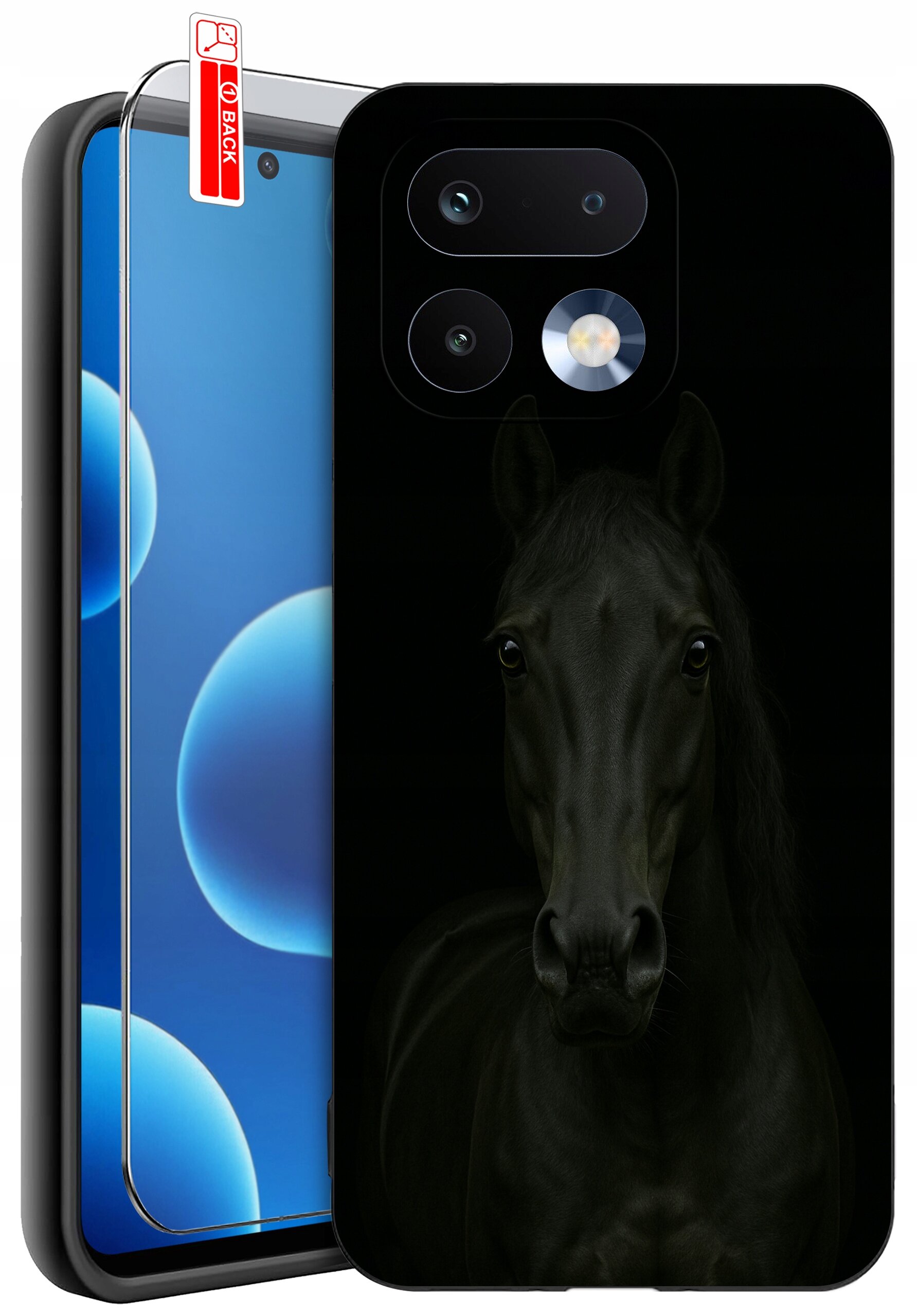 Etui na telefon z nadrukiem czarnego konia oraz szkło ochronne z napisem \'BACK\'.