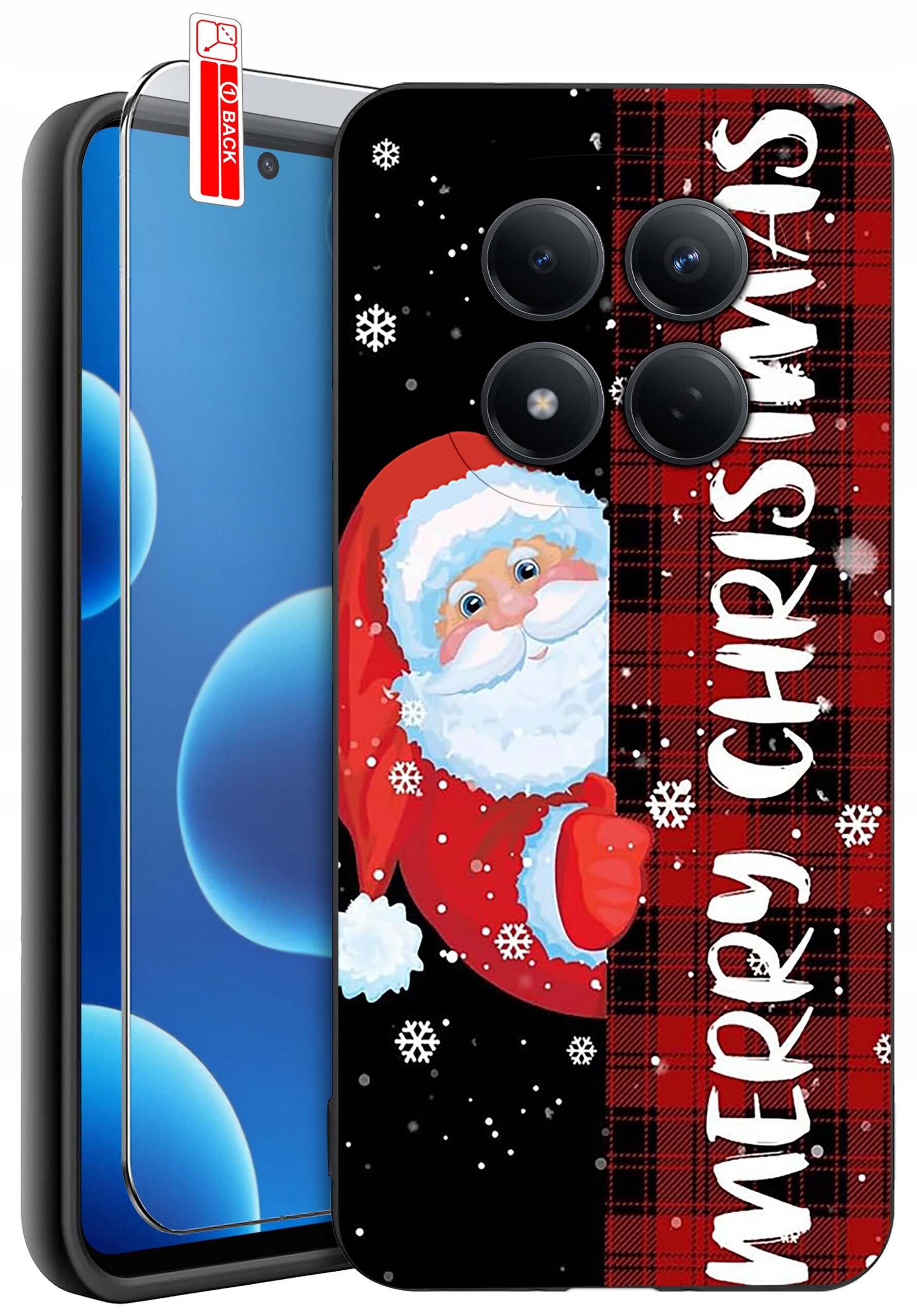Etui na telefon z motywem świątecznym przedstawiającym Świętego Mikołaja i napis \'MERRY CHRISTMAS\' na tle w kratkę. Obok etui znajduje się szkło ochronne z oznaczeniem \'BACK\'.