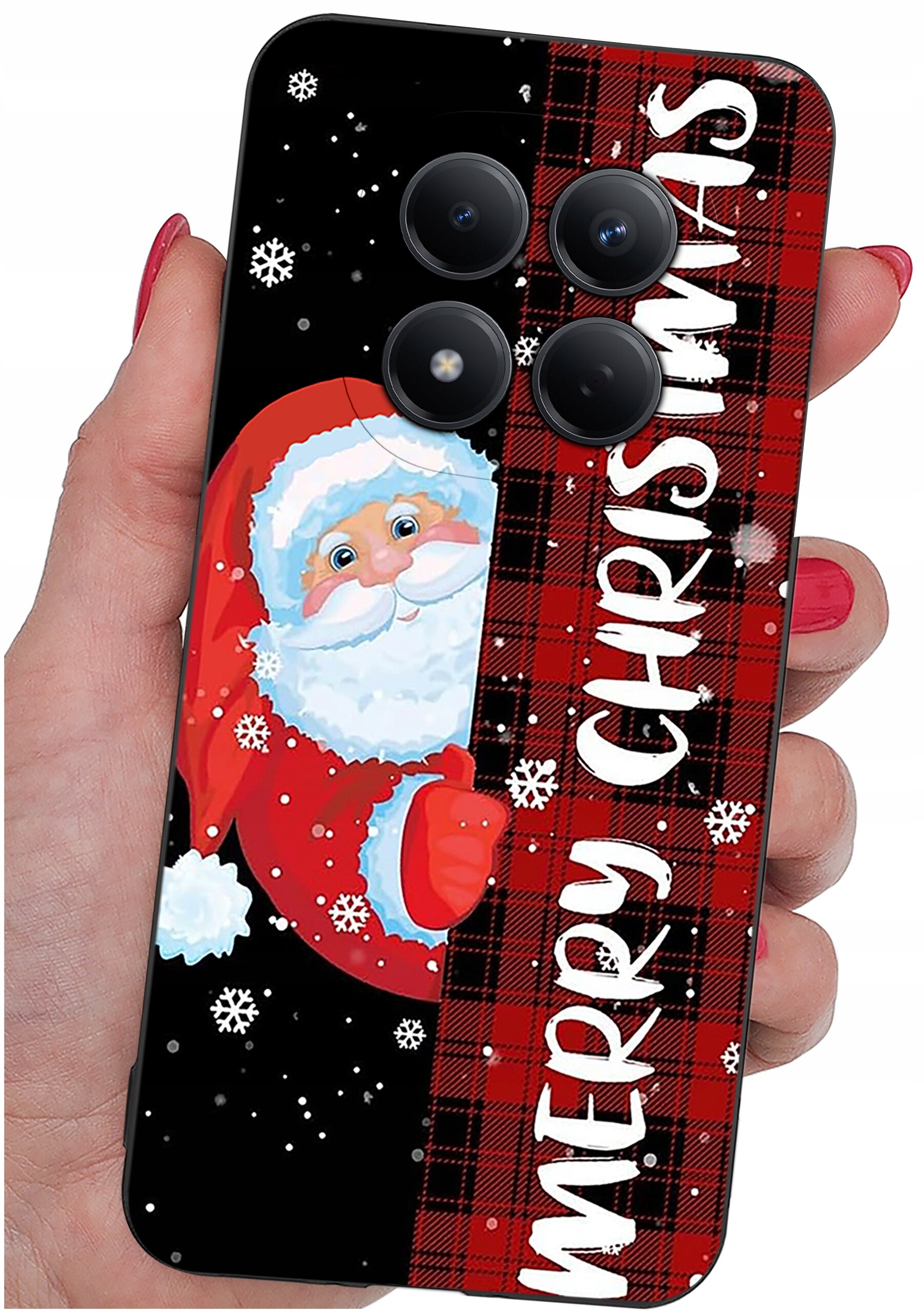 Etui na telefon z motywem świątecznym przedstawiające Mikołaja na tle czarno-czerwonej kratki z napisem \'MERRY CHRISTMAS\'.