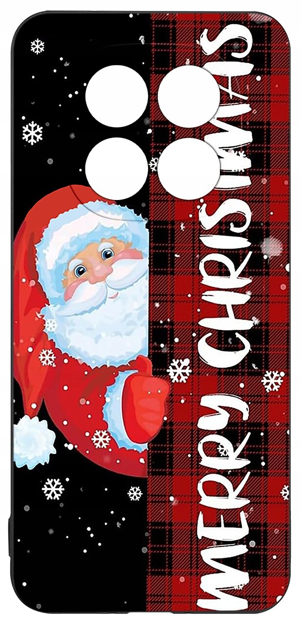 Etui na telefon z wizerunkiem Świętego Mikołaja na tle czarno-czerwonej kratki z napisem \'MERRY CHRISTMAS\'.