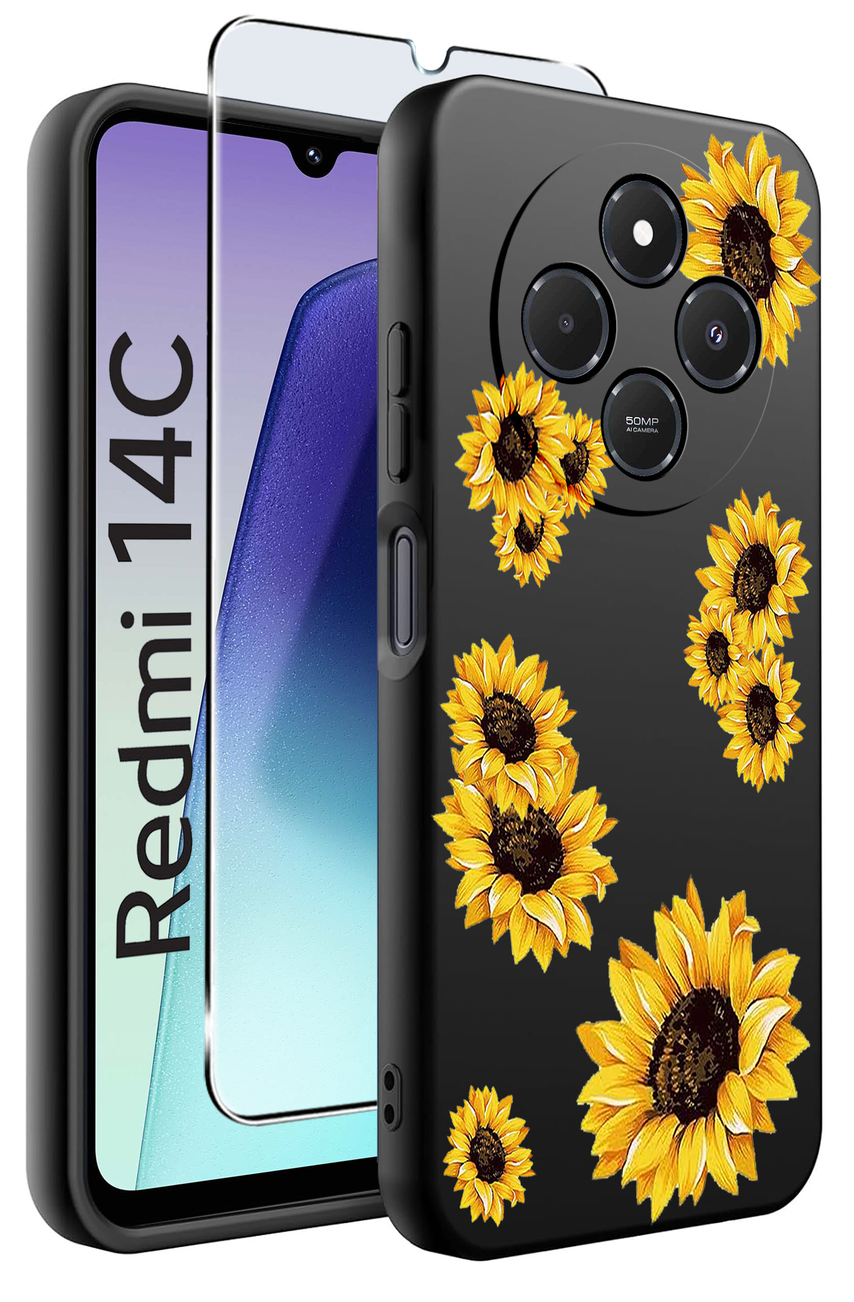 Obraz przedstawia czarne etui na telefon z motywem słoneczników oraz szkło ochronne. Na ekranie telefonu widoczny jest napis \'Redmi 14C\'.