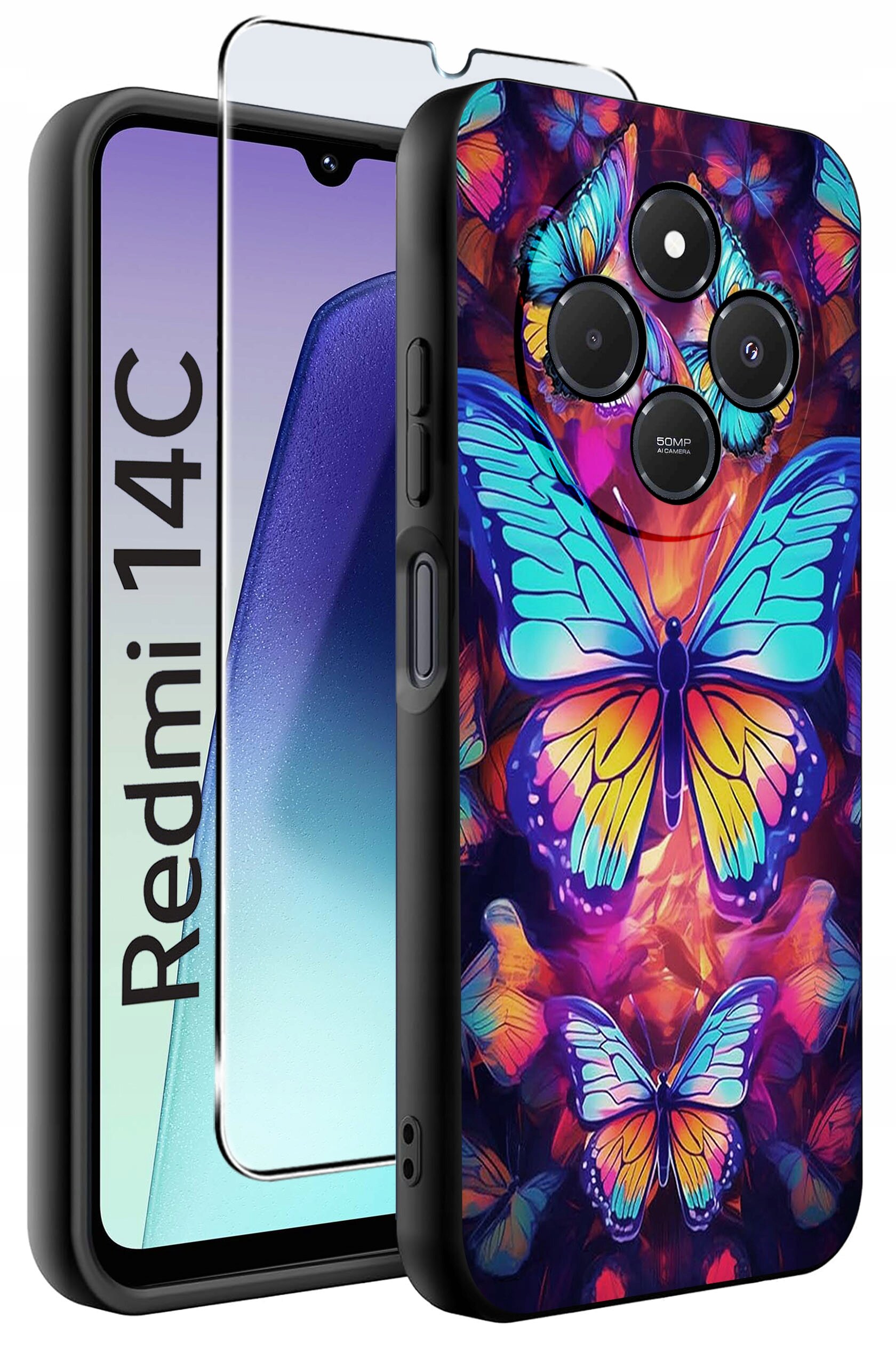Obraz przedstawia etui na telefon z kolorowym wzorem motyli oraz szkło ochronne. Na ekranie telefonu widoczny jest napis \'Redmi 14C\'.