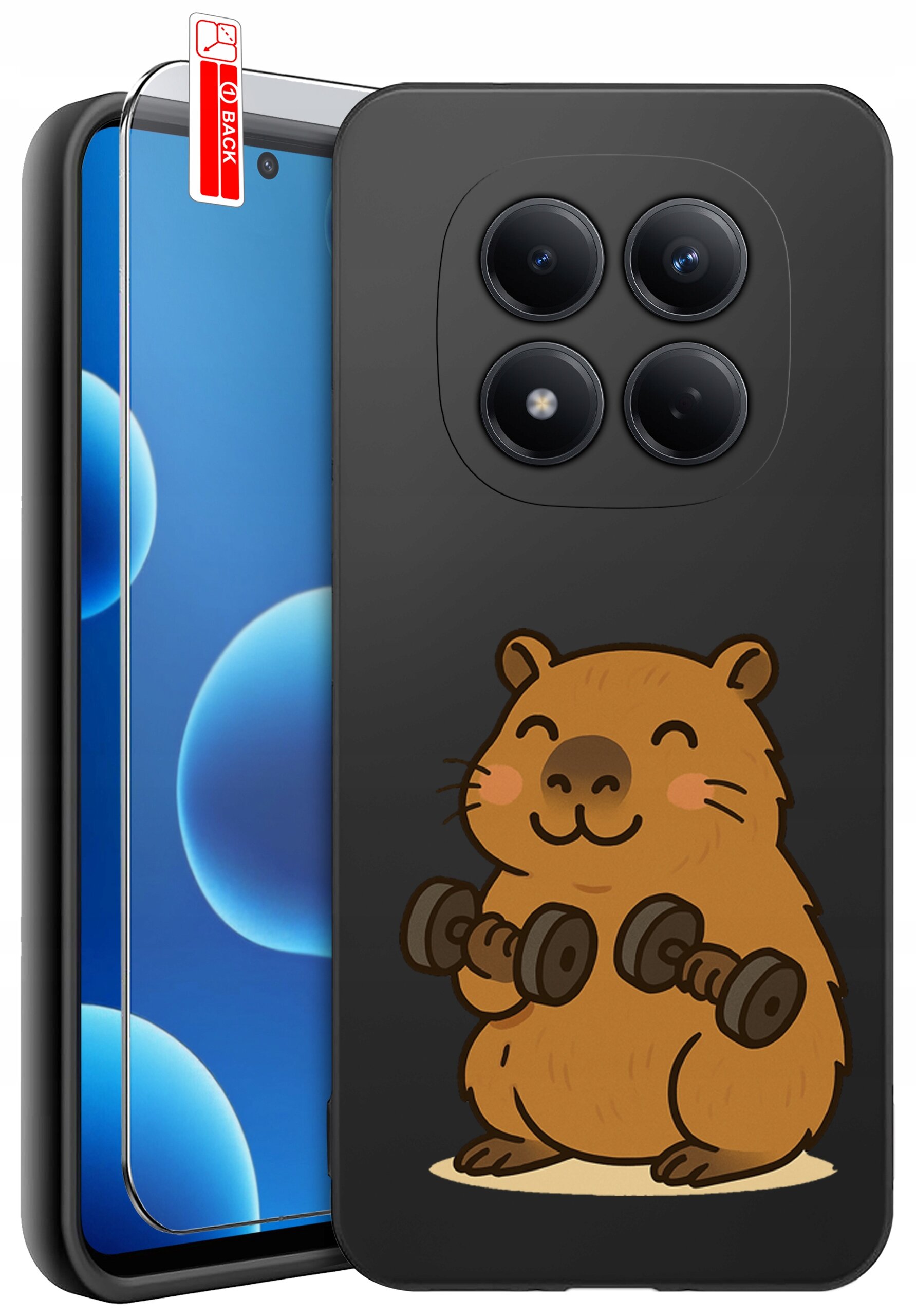 Czarne etui na telefon z nadrukiem uśmiechniętego zwierzątka trzymającego hantle. Obok znajduje się szkło ochronne z oznaczeniem \'BACK\'.