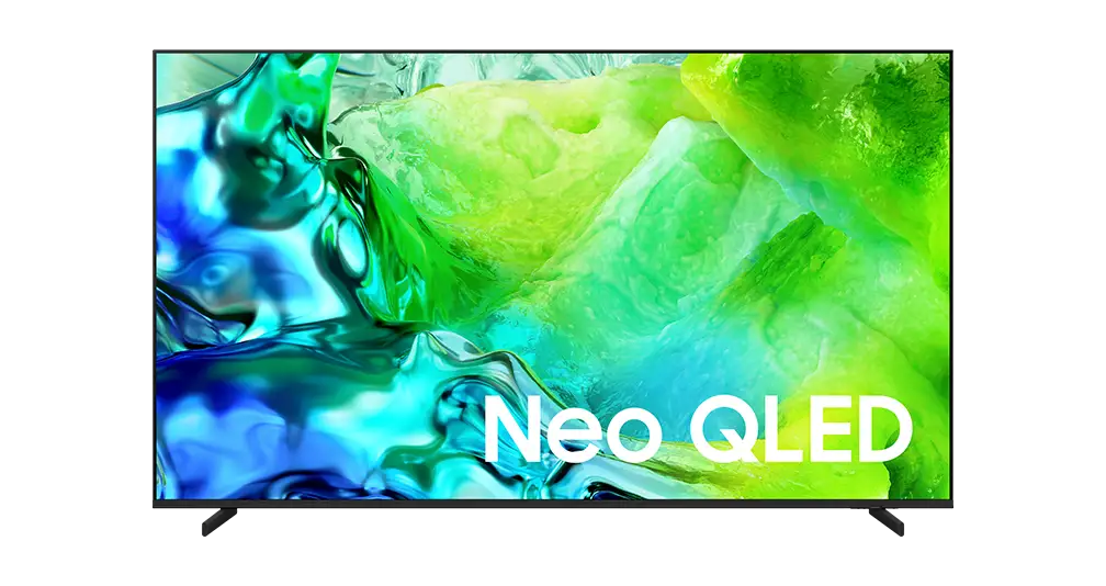 Telewizor z wyświetlaczem pokazującym abstrakcyjne, kolorowe wzory w odcieniach zieleni i niebieskiego. Na ekranie widoczny jest napis \'Neo QLED\'.