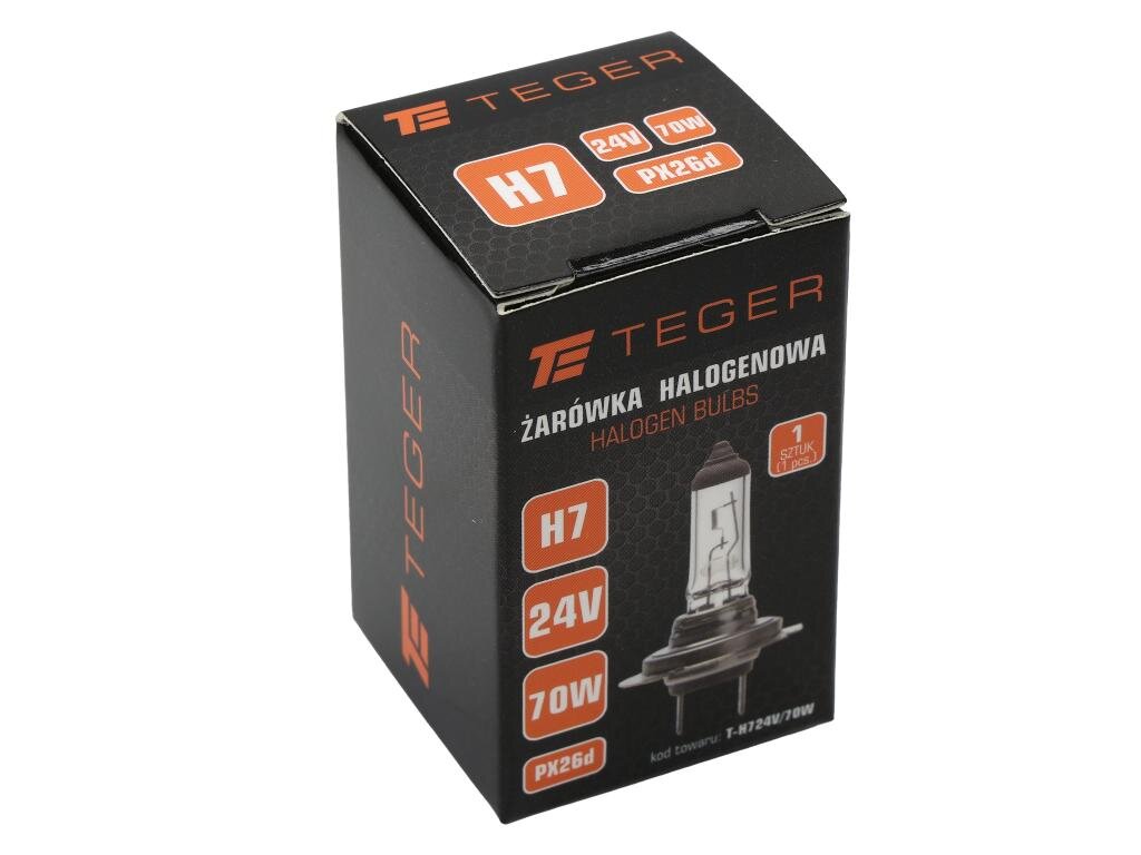 Opakowanie żarówki halogenowej marki TEGER z oznaczeniami H7, 24V, 70W, PX26d. Na opakowaniu widoczny jest rysunek żarówki oraz napis \'ŻARÓWKA HALOGENOWA HALOGEN BULBS\'.