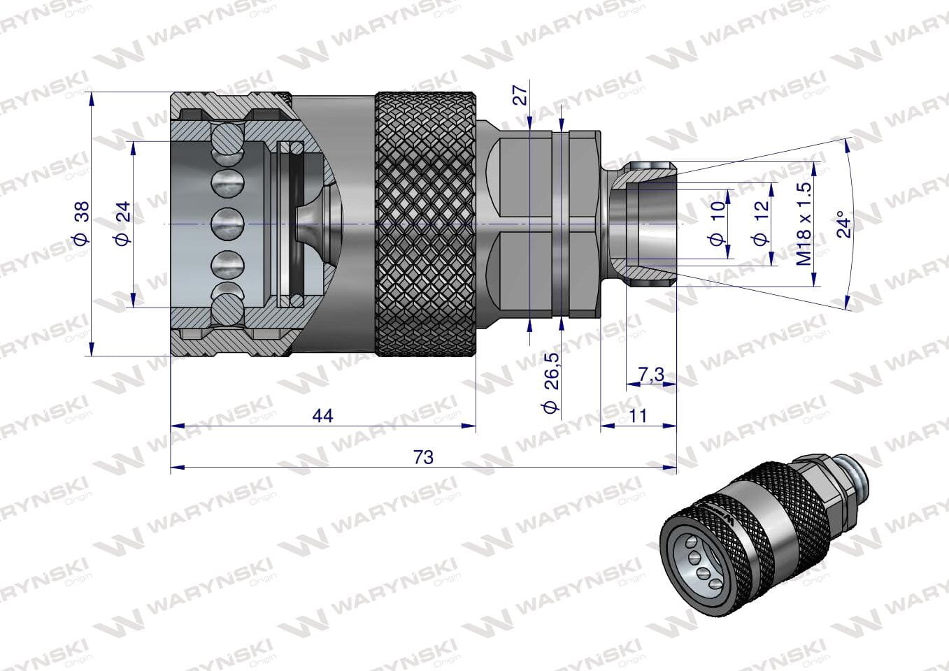 Rysunek techniczny przedstawia szybkozłącze hydrauliczne z wymiarami, oznaczone jako M18x1.5 z gwintem zewnętrznym. Na obrazie widoczne jest logo \'WARYŃSKI\'.