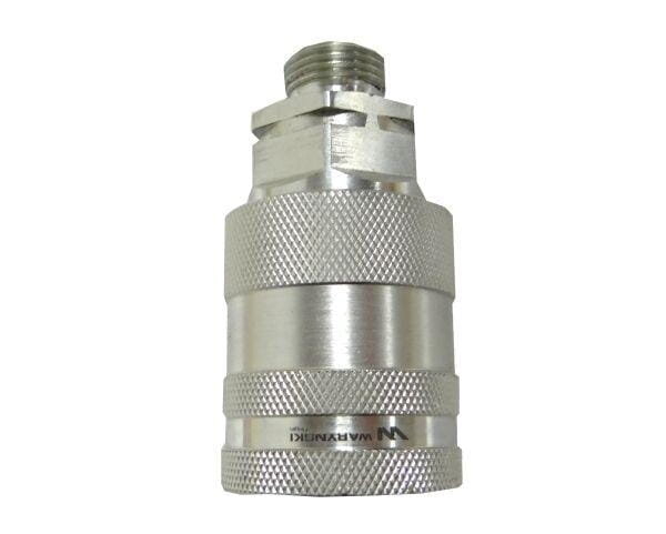 Metalowe szybkozłącze hydrauliczne z widocznym logo \'Waryński\' na powierzchni. Produkt ma gwint zewnętrzny i teksturowaną powierzchnię dla lepszego chwytu.