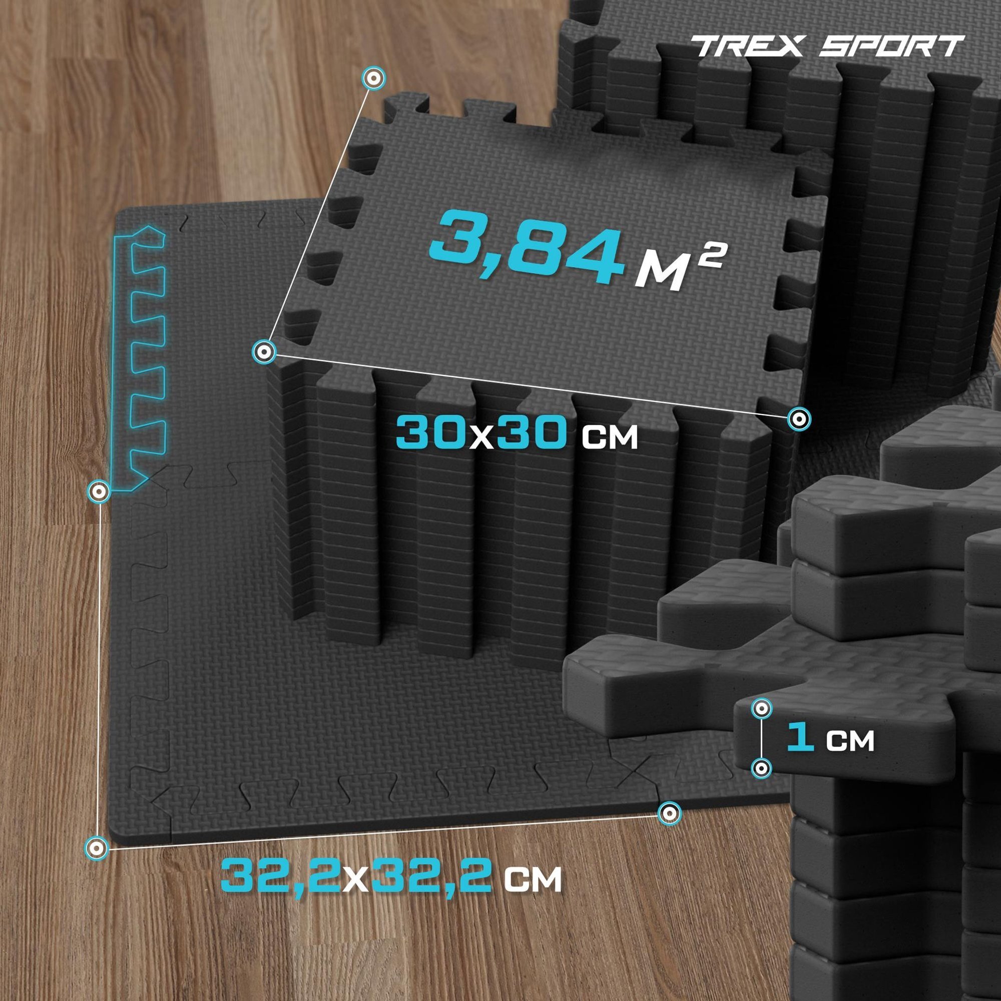 Na obrazie widoczna jest czarna mata puzzle z pianki EVA o wymiarach 30x30 cm i grubości 1 cm, z napisem \'TREX SPORT\'. Na macie znajdują się oznaczenia \'3,84 M²\' oraz \'32,2x32,2 CM\'.