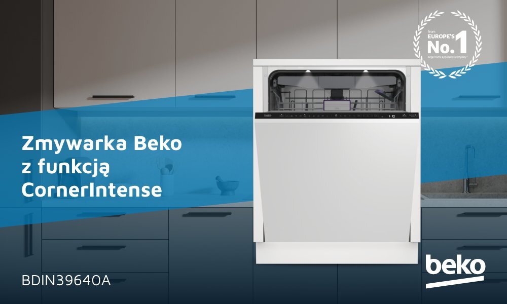 Zmywarka Beko z funkcją CornerIntense jest umieszczona w nowoczesnej kuchni. Widoczny jest tekst: \'Zmywarka Beko z funkcją CornerIntense\', \'BDIN39640A\', oraz logo \'beko\'.