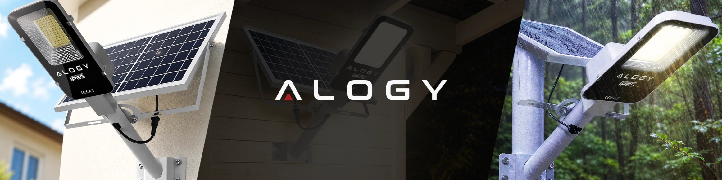 Obraz przedstawia trzy ujęcia lampy solarnej z panelem słonecznym, z widocznym napisem \'ALOGY IP65\'. W centralnej części znajduje się logo \'ALOGY\'.