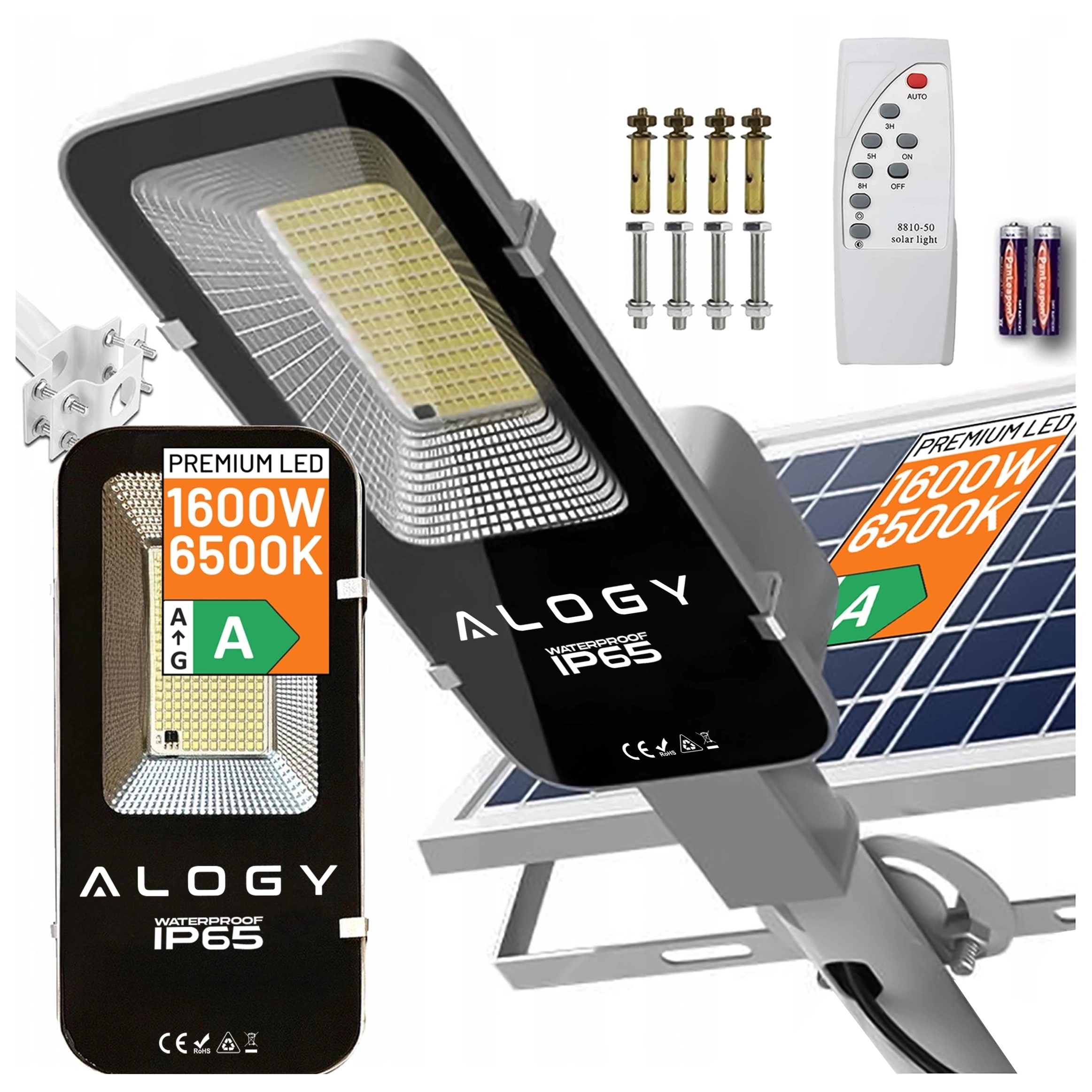 Obraz przedstawia lampę solarną z napisem \'ALOGY WATERPROOF IP65\' oraz etykietą \'PREMIUM LED 1600W 6500K A\'. W tle widoczny jest panel solarny, pilot zdalnego sterowania, zestaw śrub montażowych i baterie.