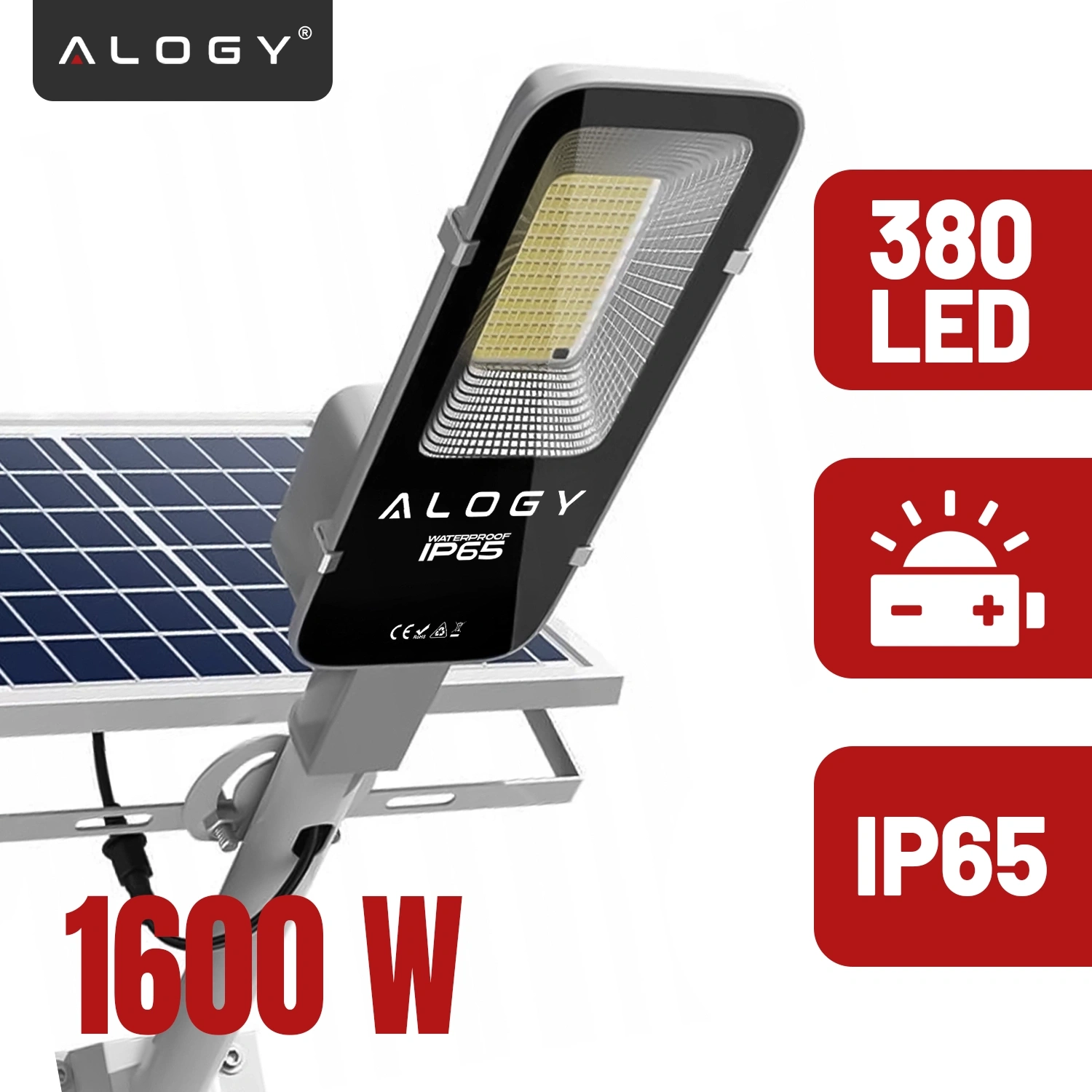 Obraz przedstawia lampę solarną z panelem słonecznym i napisem \'ALOGY WATERPROOF IP65\'. Obok znajdują się czerwone pola z tekstem \'380 LED\', ikoną baterii oraz \'1600 W\'.