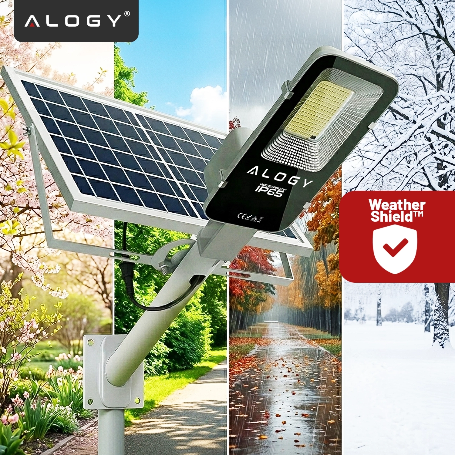 Obraz przedstawia lampę solarną z panelem słonecznym i napisem \'ALOGY IP65\'. W tle widoczne są cztery pory roku oraz logo \'Weather Shield™\'.